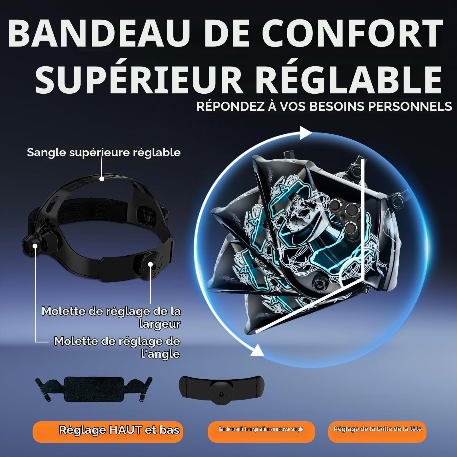 TRQWH Grand casque de soudage auto-obscurcissant True Color avec 4 capteurs d'arc réglables Large gamme d'ombres 4 ~ 5-8/9-13 pour soudeur TIG MIG ARC