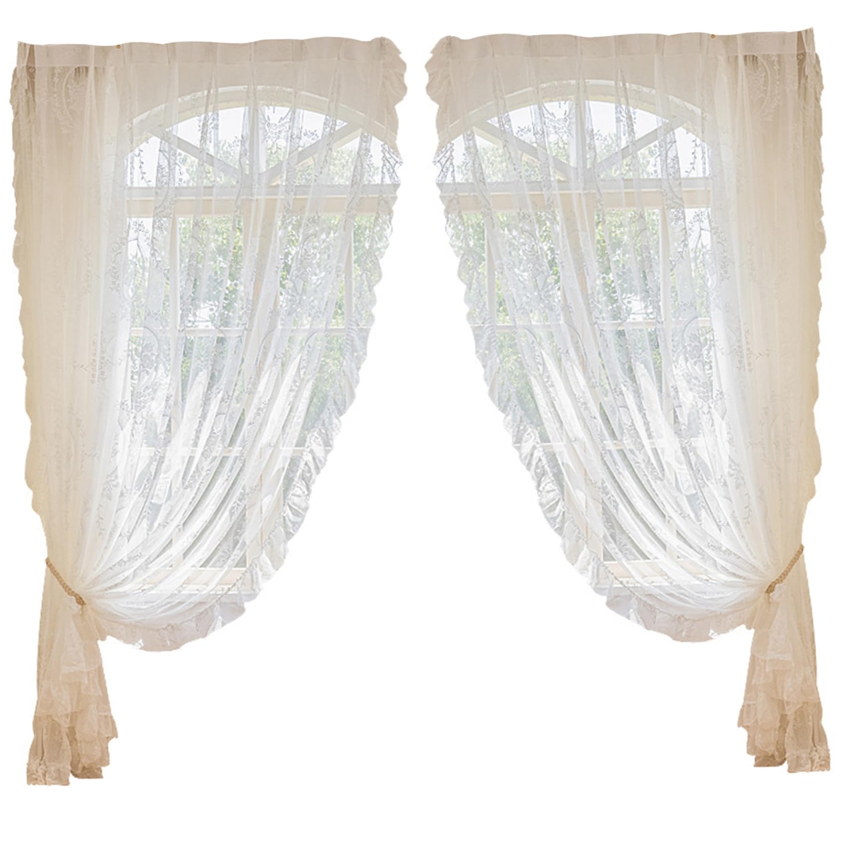 Nassmosse 59.06X39.37 Inch 2 Panels Lace Curtains, 59X39in Floral Patterned Semi-Sheer Lace Kitchen Curtains, Princess Style Embroidered Waterfall Valance Tier For Bathroom Half Window