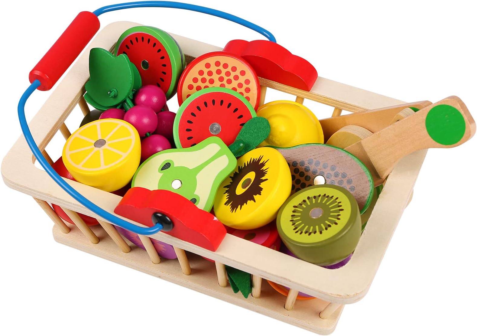 JoydomWooden Toys Food for Kids, Magnetic Wooden Cutting Fruits Vegetables Food Play Toy Set with Basket (Fruit)