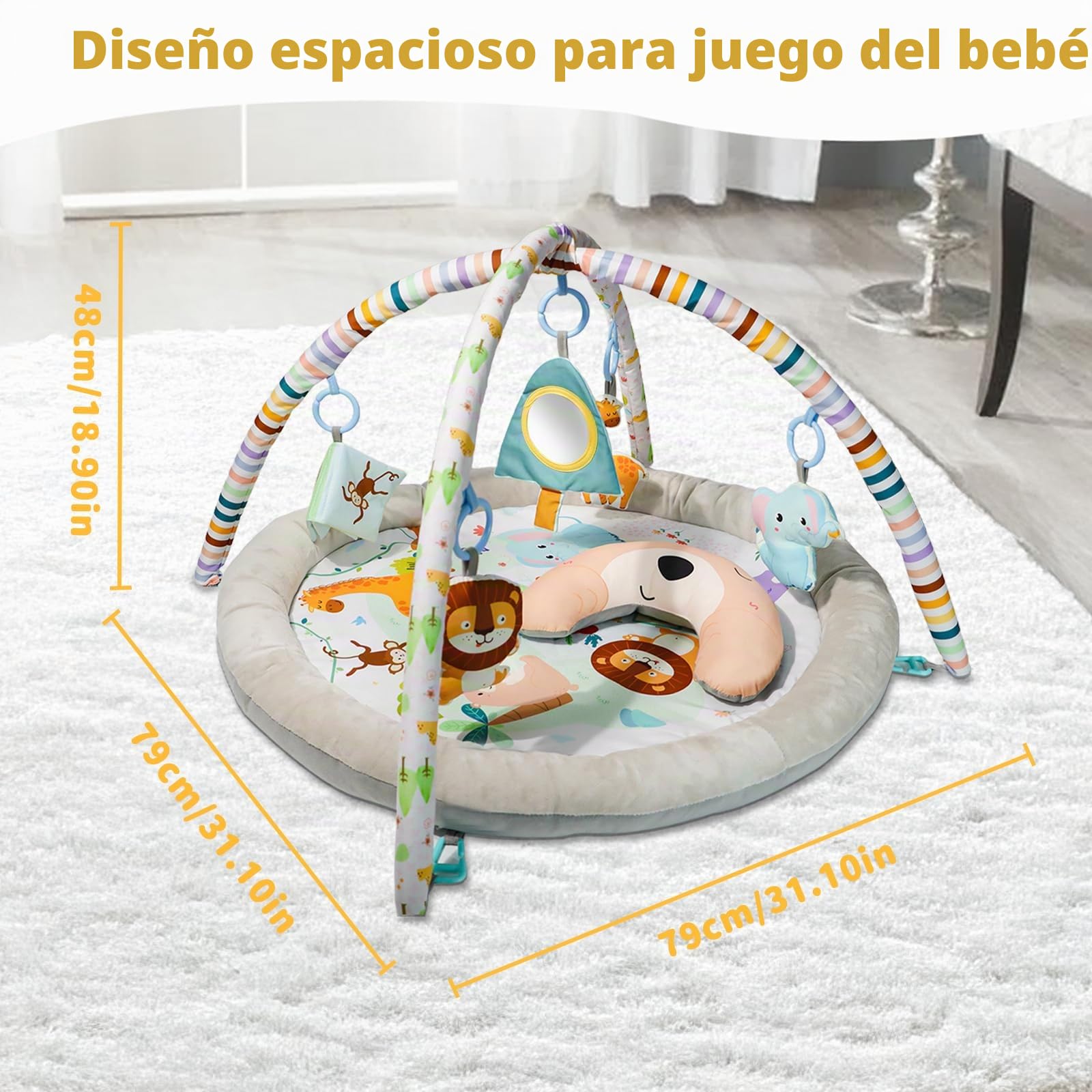 Baby Play Mat, Gym Play Mat for Newborn to 36 Months, with Hanging Toys, Tummy Time Pillow, Comfy Baby Mats, Floor Play, Activity Gym