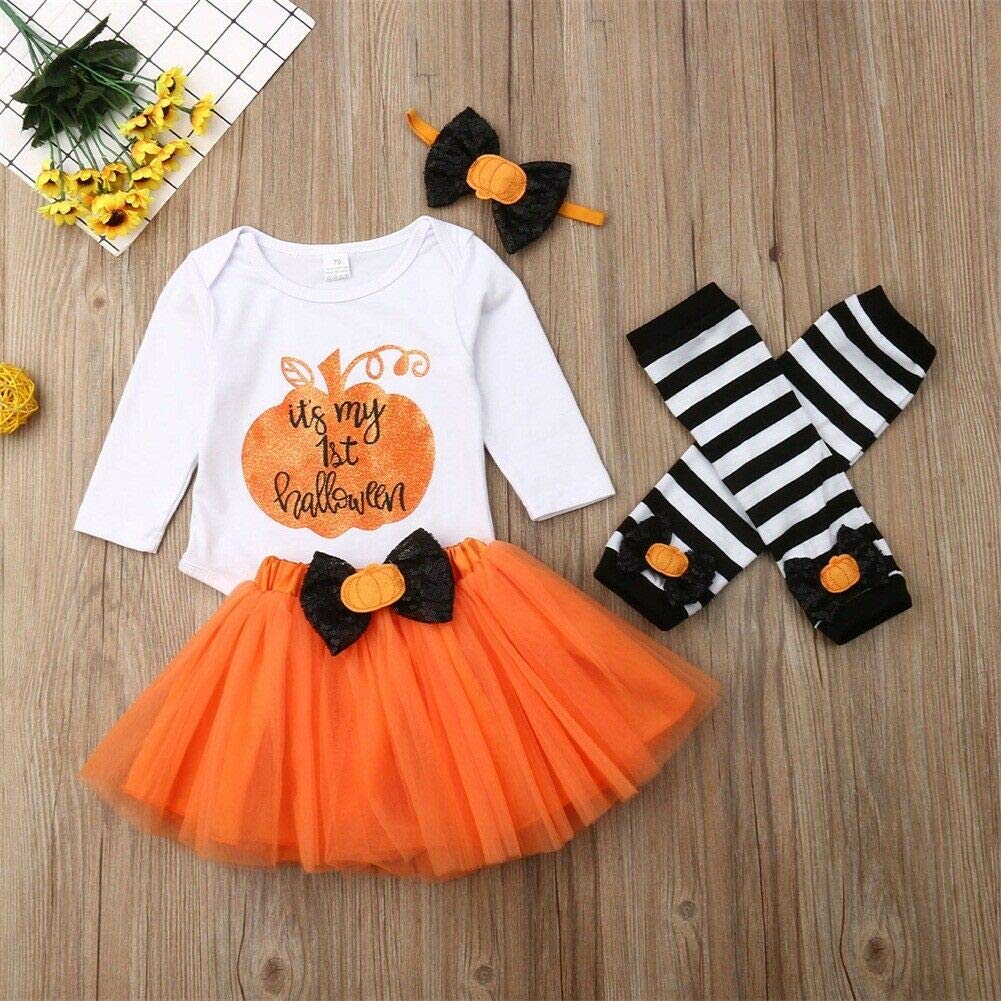4PCS Newborn Baby Girls My 1st Halloween Pumpkin Romper +Tulle Tutu Skirt+Leg Warmer Headband Outfit Set (Orange,0-3 Months)