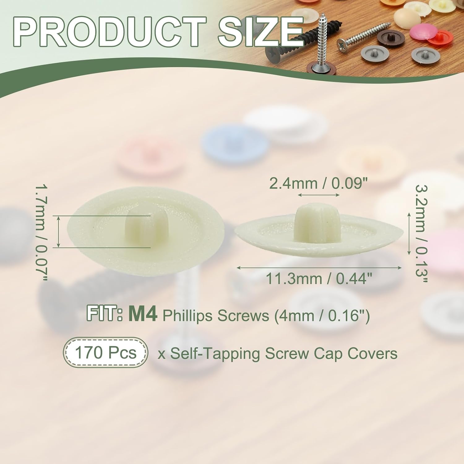 Screw Caps Covers, Plastic Self Tapping Hole Cap Covers Dust Proof Sticker Waterproof - Fitting for (Diameter 4 mm Flat Cross Screw - Furniture - Cabinet) 170 Pack & Cream