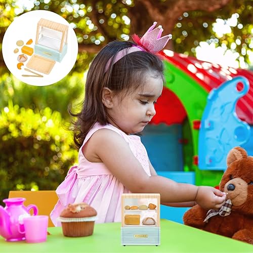 Miniatura 6 de Estuche de panadería en miniatura, 1 juego de soporte para tartas, mini gabinete para pasteles con alimentos en miniatura para modelos de casa de
