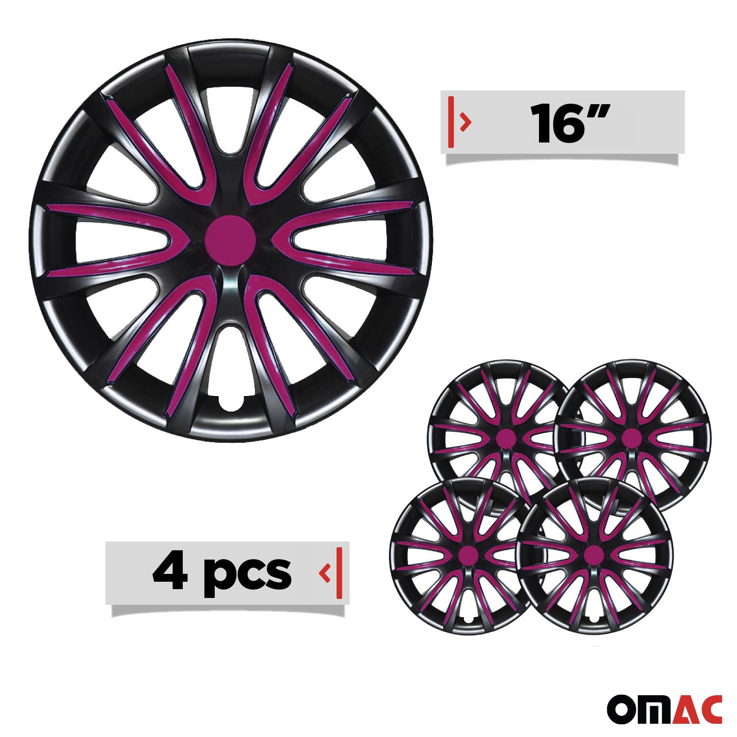 OMAC Lot de 4 enjoliveurs 16" compatibles avec voiture ABS | Enjoliveurs pour jantes en acier | 1 jeu (4 pièces) noir/violet avant et arrière