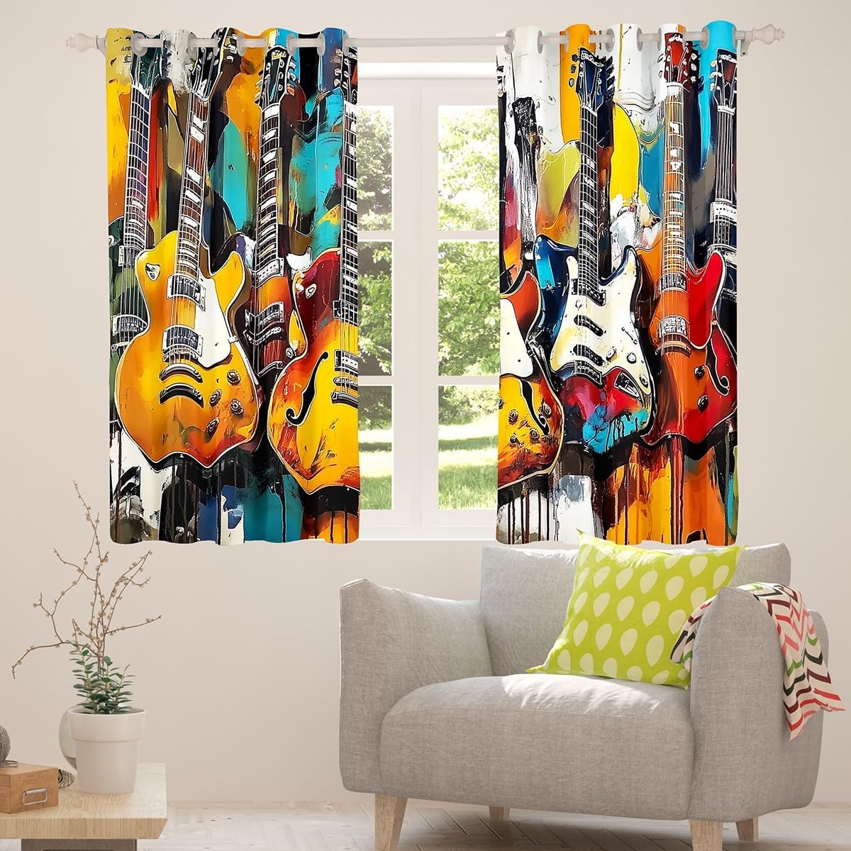 Erosebridal Graffiti Guitar Window Drapes Roll Music Blackout Curtains 42" Wx63 L Retro Cool Hip Pop Curtains for Bedroom Living Room,Musical Instrument Window Treatments 2 Panels
