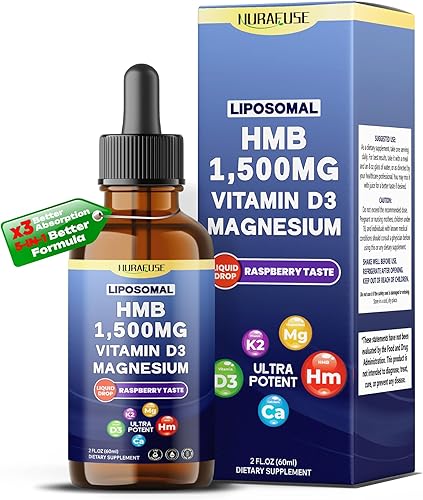 Liposomal HMB 1500 mg, vitamina D3, gotas líquidas de magnesio  Ultra potente, sabor a frambuesa, fabricado en Estados Unidos y probado en