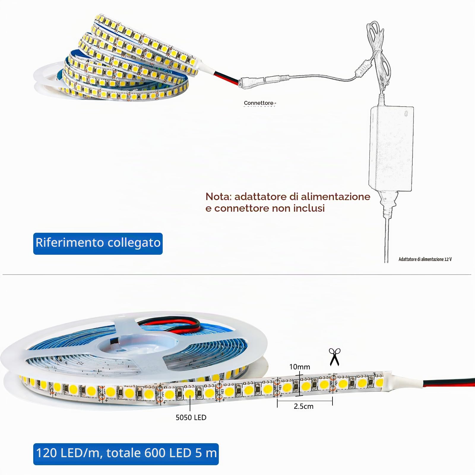 Striscia LED 12V, Bianco Naturale 4000K Strisce LED 5M Striscia Luminosa SMD 5050 IP20 600 LEDs LED Flessibile LED Strip Nastri LED per Camera da letto, Cucina, Decorazione Pubblicitaria