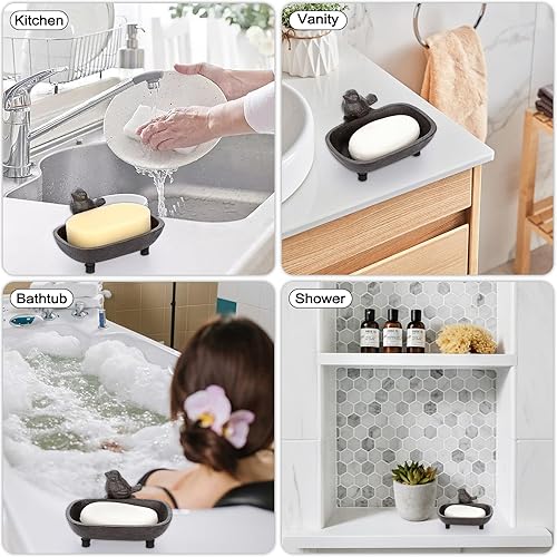Miniatura 8 de Sumnacon Jabonera de hierro fundido, jabonera drenable, bandeja decorativa de esponja de jabón marrón, barra de hierro rústica, jabonera para baño,