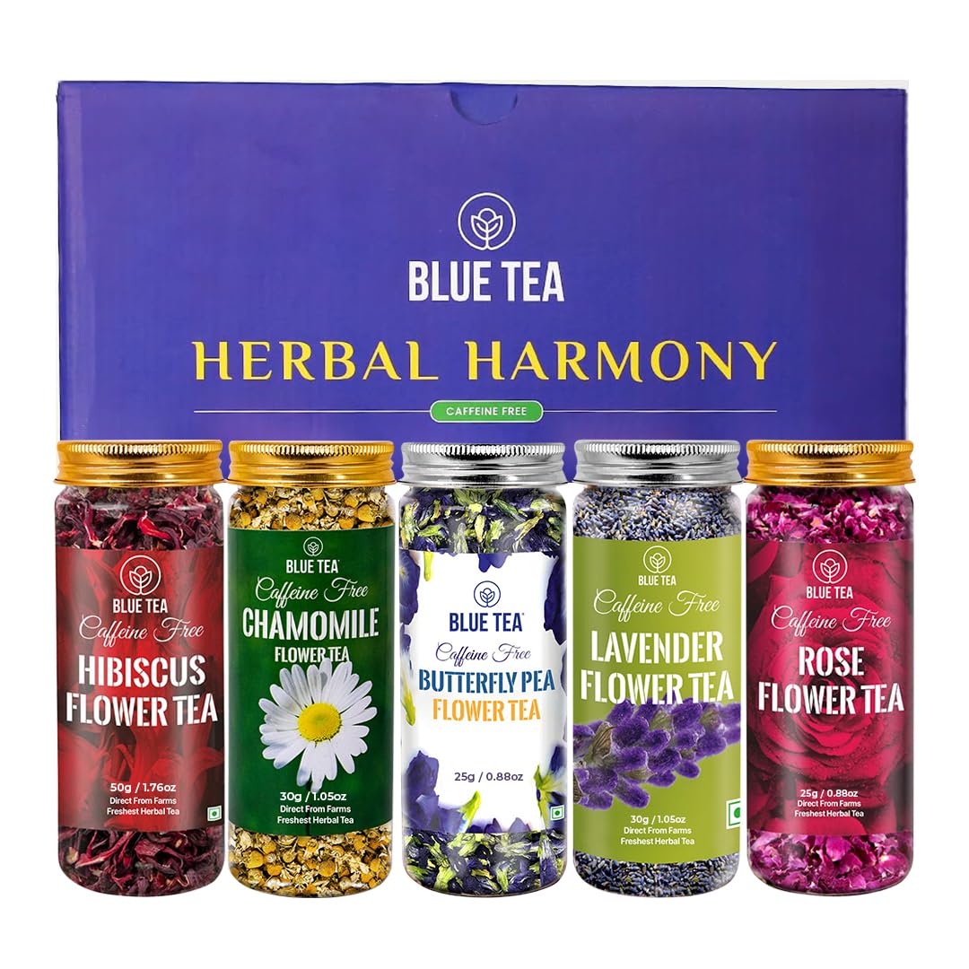 BLUE TEA - Flower Tea Combo - 5.64 Oz (Pack of 5) | Butterfly Pea, Rose, Hibiscus, Chamomile, Lavender | VARIETY PACK | Caffeine Free - Non-Bitter - Herbal Tea - Flower Based | Pet Jar Pack