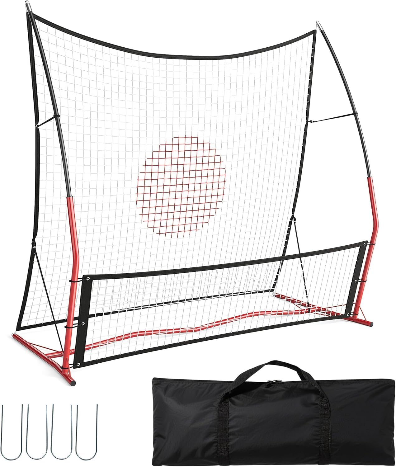 GarveeHome Soccer Rebounder, 2 in-1 Football Rebounder Nett, Football Training Net with Kickback Target Goal for Team Volley Passing Solo Training, Includes Carry Bag and 4 Ground Spikes, Red & Black