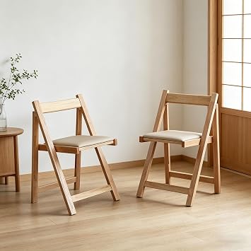 2pcs Folding Dining Chairs with Cushion, Padded Solid Wood Chairs Lightweight, Load 268 Lbs, Modern Log Patio Chairs, Wooden Dining Chairs for Camping, Picnic, Office, Party