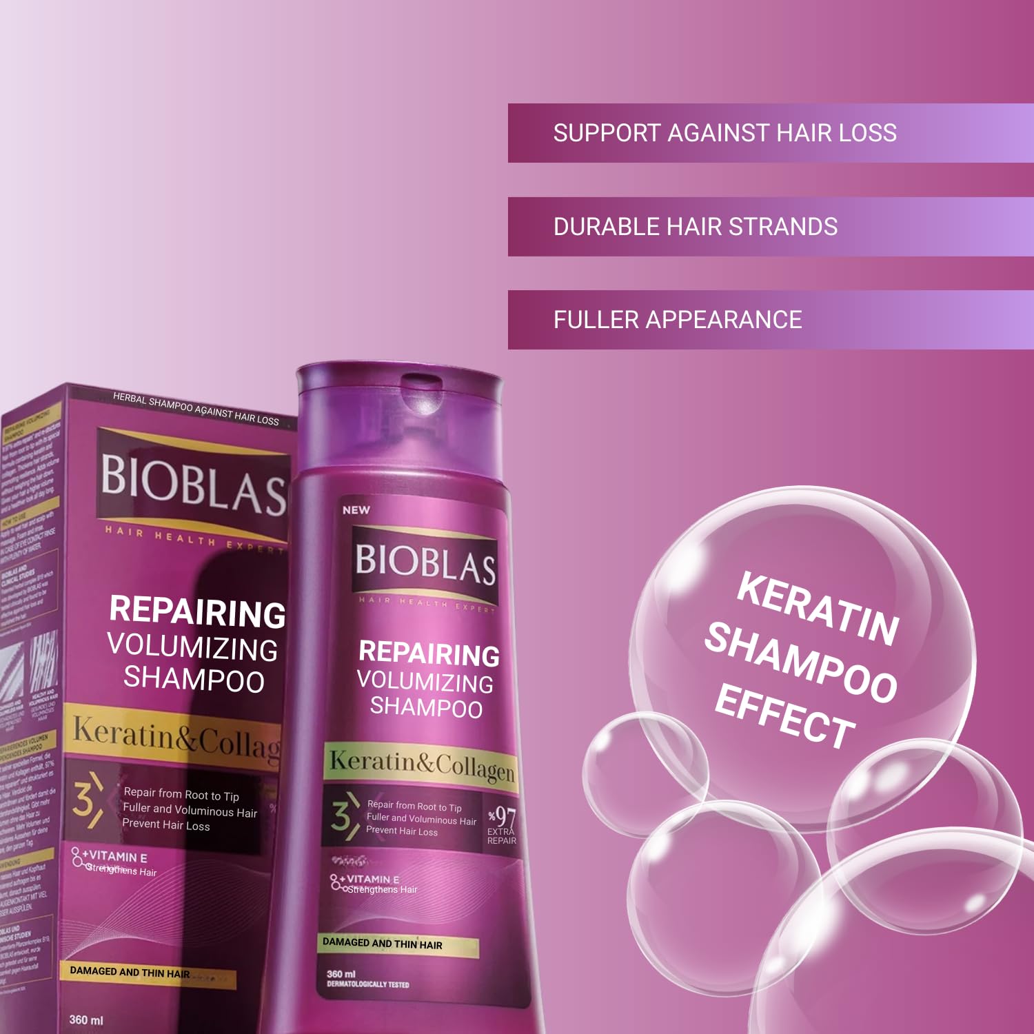 Bioblas Repairing Plumping Anti-Hair Loss Shampoo Keratin Collagen 360 ML - Image 4
