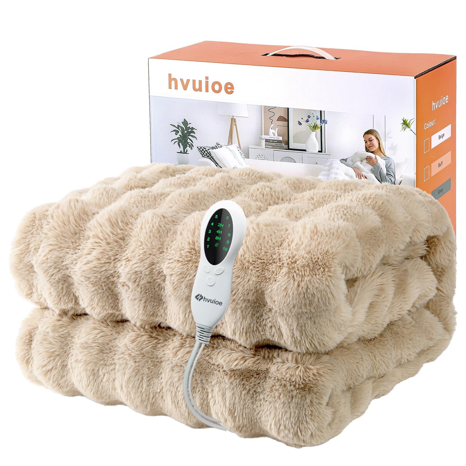 hvuioe Heated Throw, 160x130cm, Plush Soft Faux Rabbit Fur Electric throw for Bed Sofa Office, Fast Heat Up, Auto Shut Off, Overheat Protection, Machine Washable