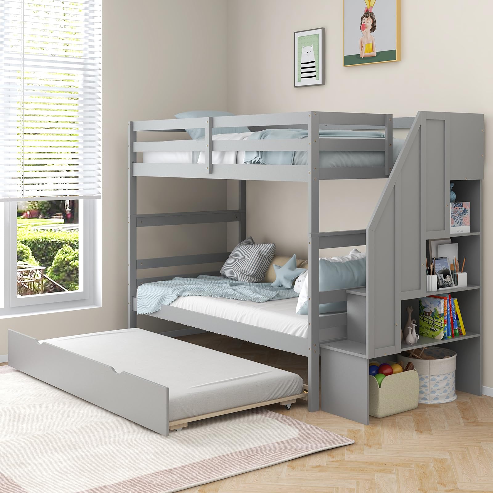 KOTEK Twin Over Twin Bunk Bed with Trundle and Stairs, Solid Wood, Grey