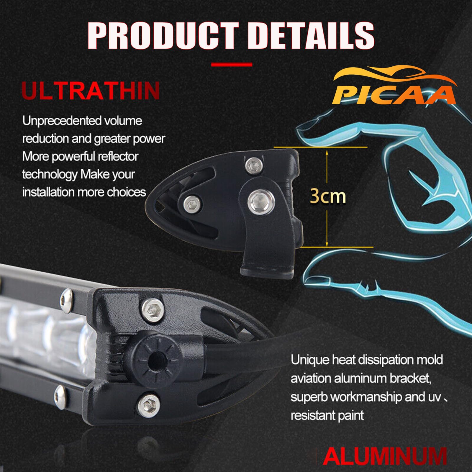 PICAA 38 cali LED listwa świetlna 180 W jednorzędowa wiązka punktowa terenowa LED listwa świetlna lampa robocza do samochodów ciężarowych Jeep 4WD ATV UTV SUV łódź 12 24 V