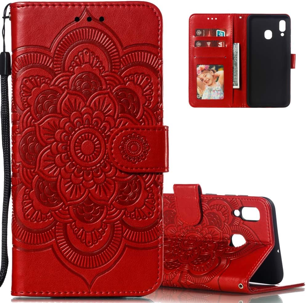 LEECOCO for Samsung A20 Case Mandala Embossing Luxury PU Leather Flip Notebook Wallet Bookstyle Magnetic Stand Card Slot Folio Bumper Protection Cover for Samsung Galaxy A20 / A30 Mandala Red LD
