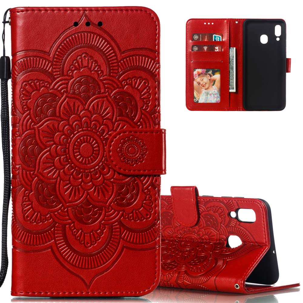 LEECOCO for Samsung A20 Case Mandala Embossing Luxury PU Leather Flip Notebook Wallet Bookstyle Magnetic Stand Card Slot Folio Bumper Protection Cover for Samsung Galaxy A20 / A30 Mandala Red LD