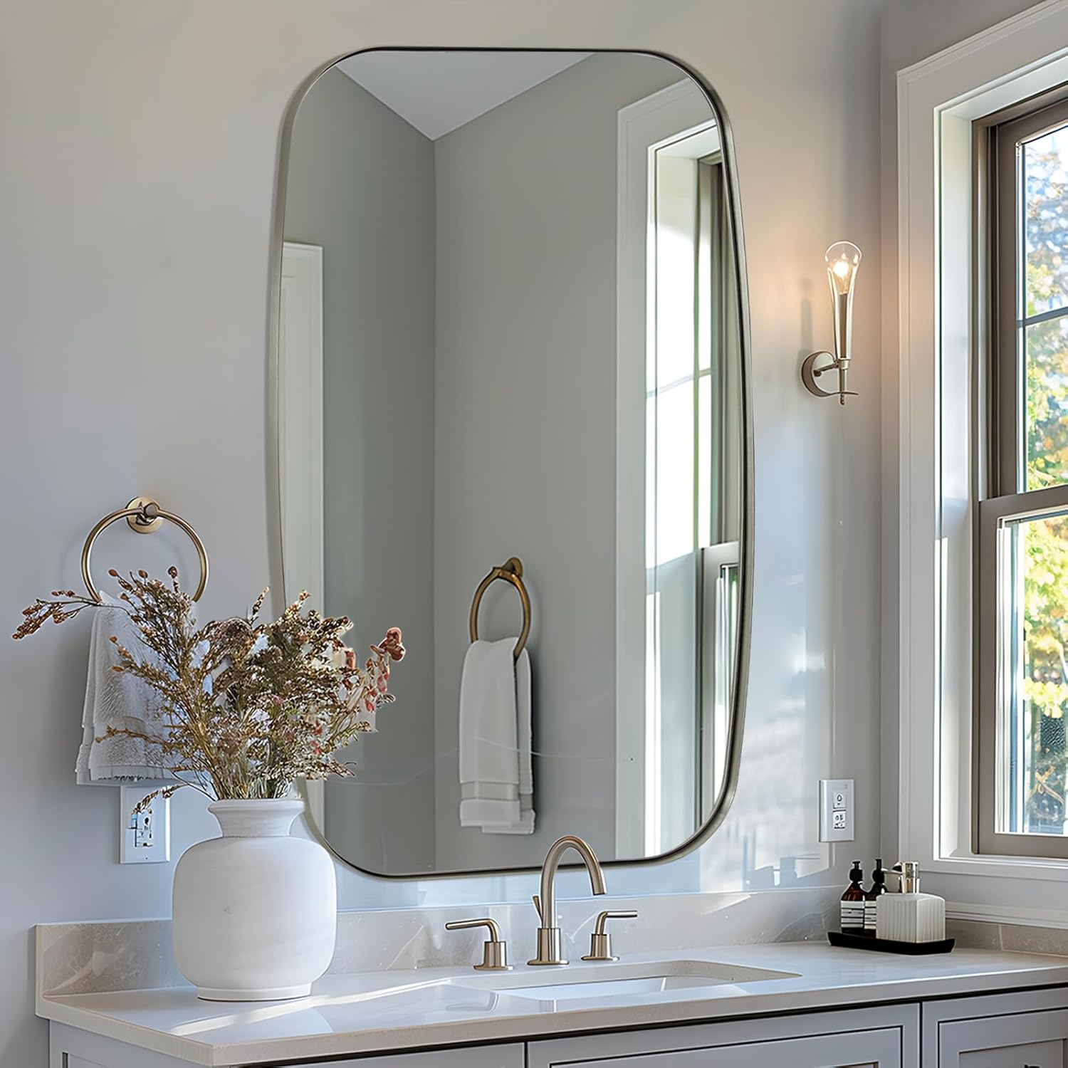 ANDY STAR Brushed Nickel Bathroom Mirror, 32x48 Oblong Mirror with Stainless Steel Metal Frame, Silver Oval Vanity Mirror for Over Sink, Modern Anti Rust Wall Mounted