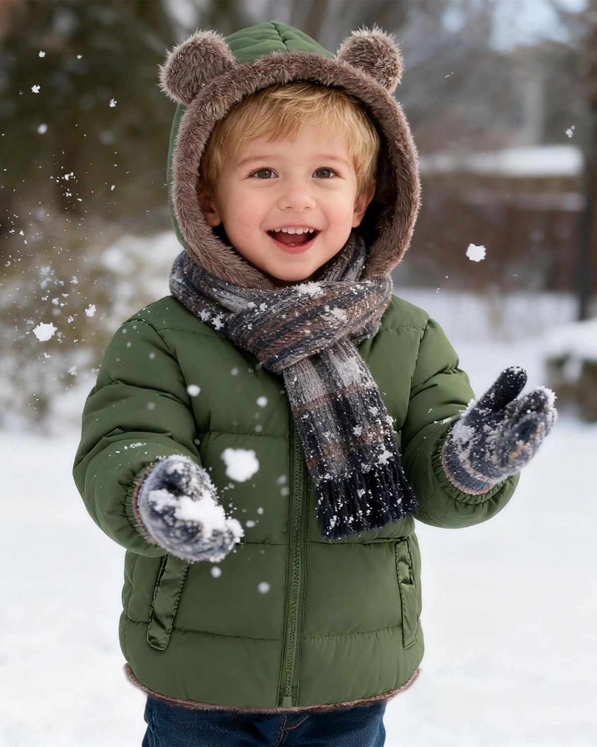 ADUKIDE Toddler Puffer Jacket with Bear Ear Kids Boys Hooded Fleece Coat Size 6M-5T - Image 3