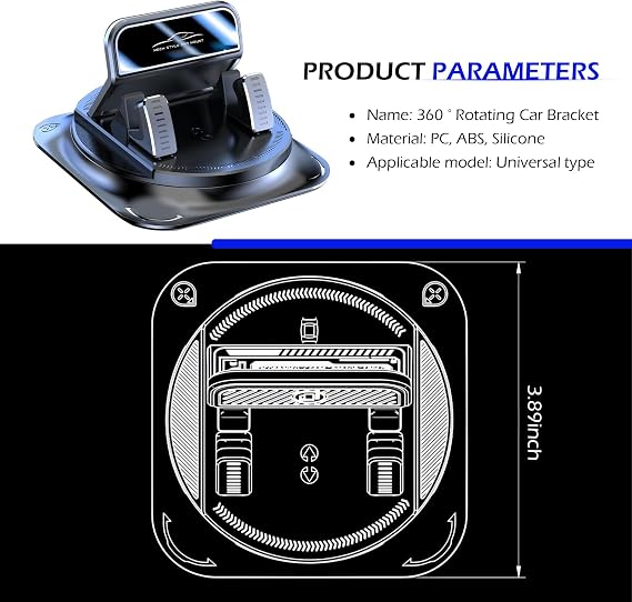 Shakas 360 Degree Rotation Dashboard Phone Holder, Non-Slip One-Hand Operation Navigation Bracket, Self-Adhesive Washable Horizontal and Vertical Placement Holder, for Most Cars (Black)
