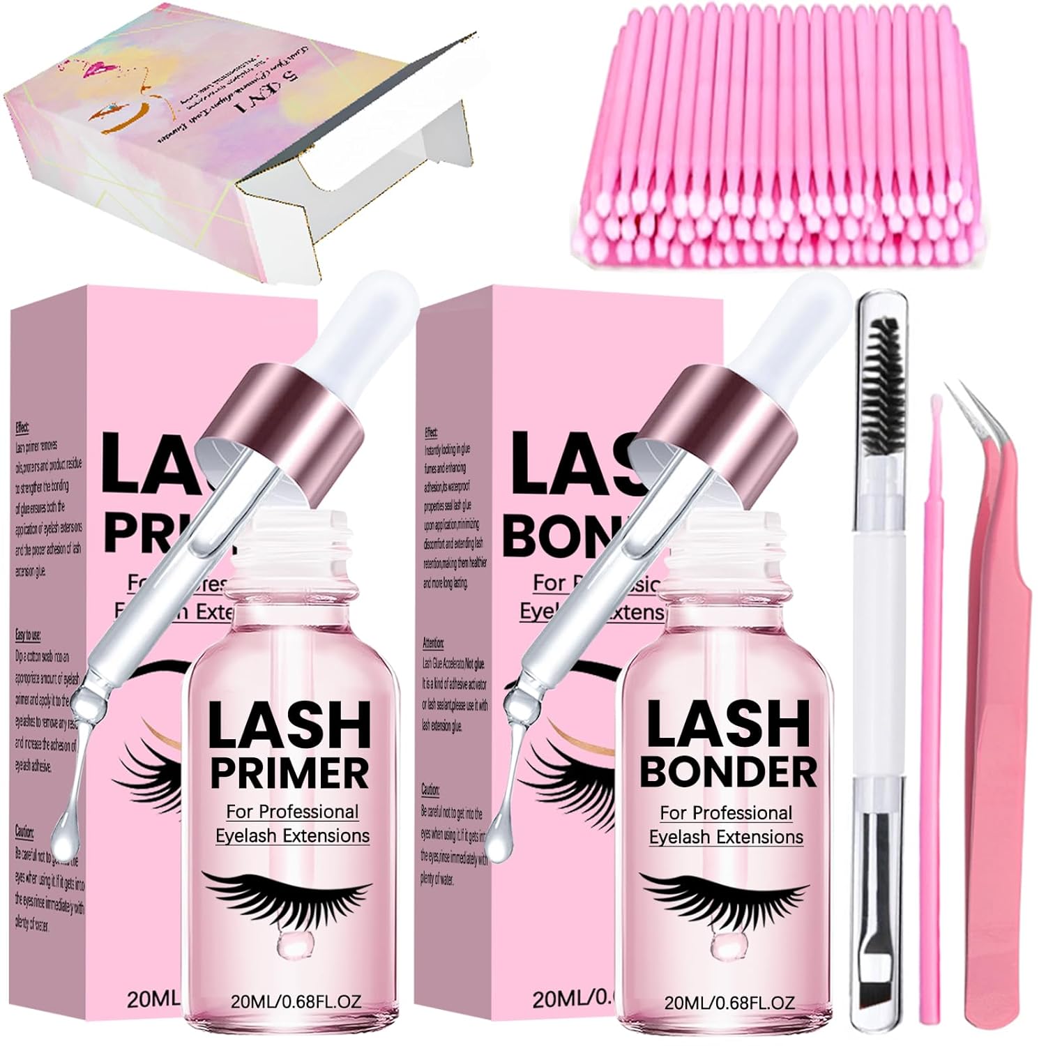 Lash Glue Primer Super Lash Bonder for Eyelash Extensions Kit Instant Cure Adhesive Companion 5IN1 Professional Use Only Lash Extension Supplies with Brush Tweezers Applicator