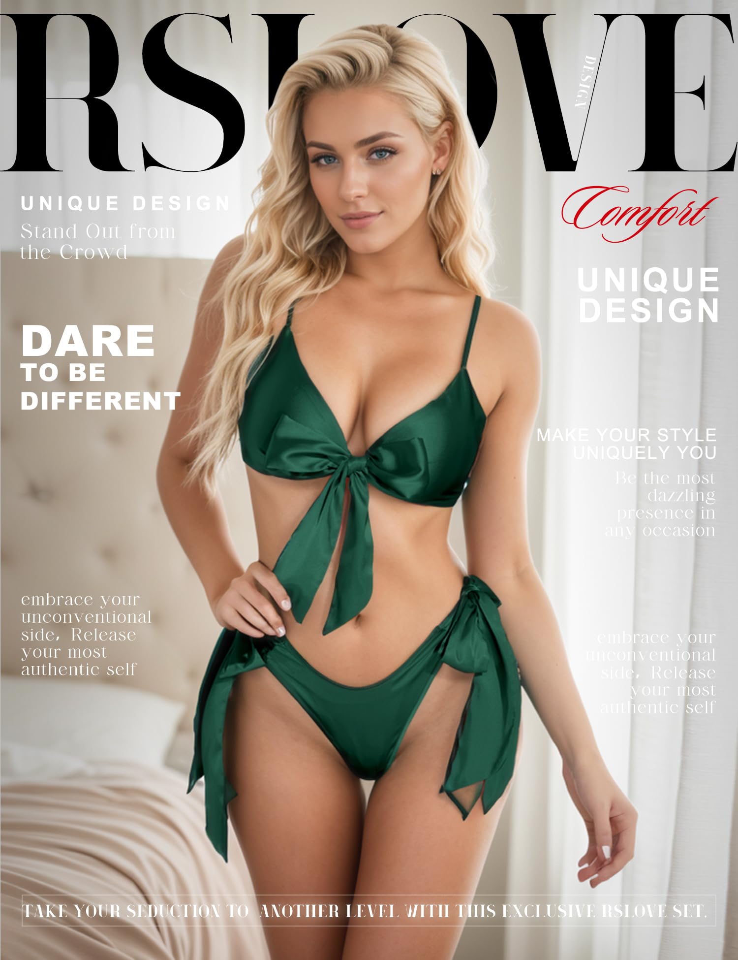 RSLOVE Women Sexy Lingerie Set Satin Bow Tie 2 Piece Bra and Panty Sets: Medium Dark Green