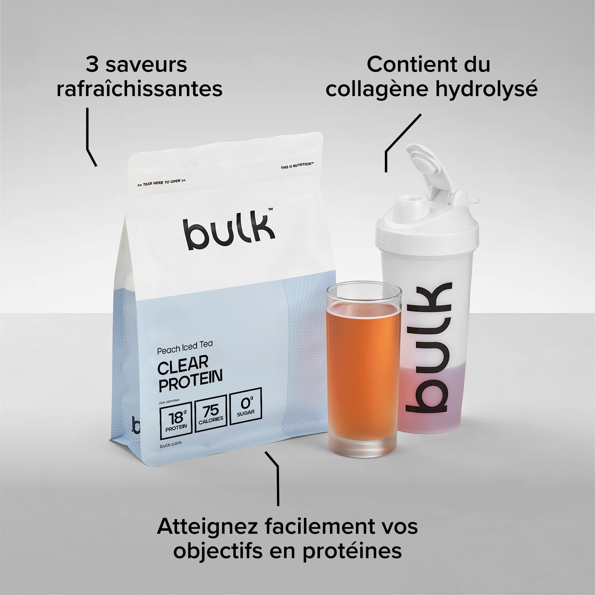 Bulk Clear Protein | Mélange de Whey & Collagène | 400 g | 20 portions | 18 g de protéines | 5 g de BCAA | Absorption rapide | Favorise la croissance musculaire | Thé glacé pêche
