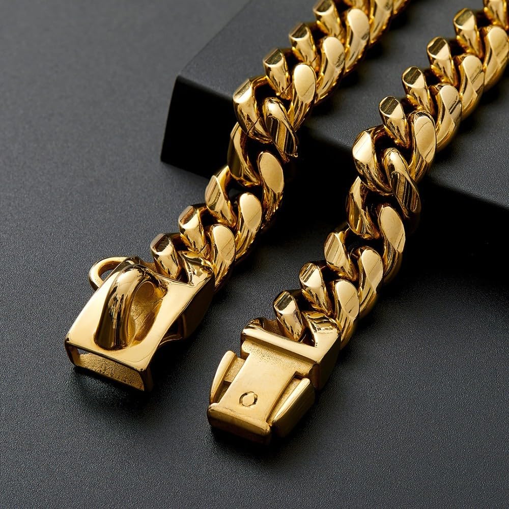 Collar cubano para perros, collar de acero inoxidable, 14mm de ancho, cadena para collar de perro, 26/31/36/41/46/51/56/61cm de longitud, collar dorado para perros de tamaño pequeño y mediano
