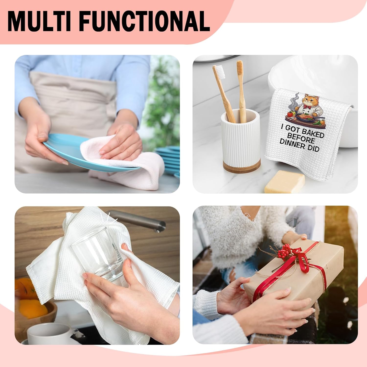 Funny Kitchen Towels for Women, I Got Baked Before Dinner Did, Cute Cat Dish Towels for Kitchen Decor, Baking Cooking Gifts for Chef Friend, Funny Birthday Gifts for Hostess Mom Wife Sister - Image 7