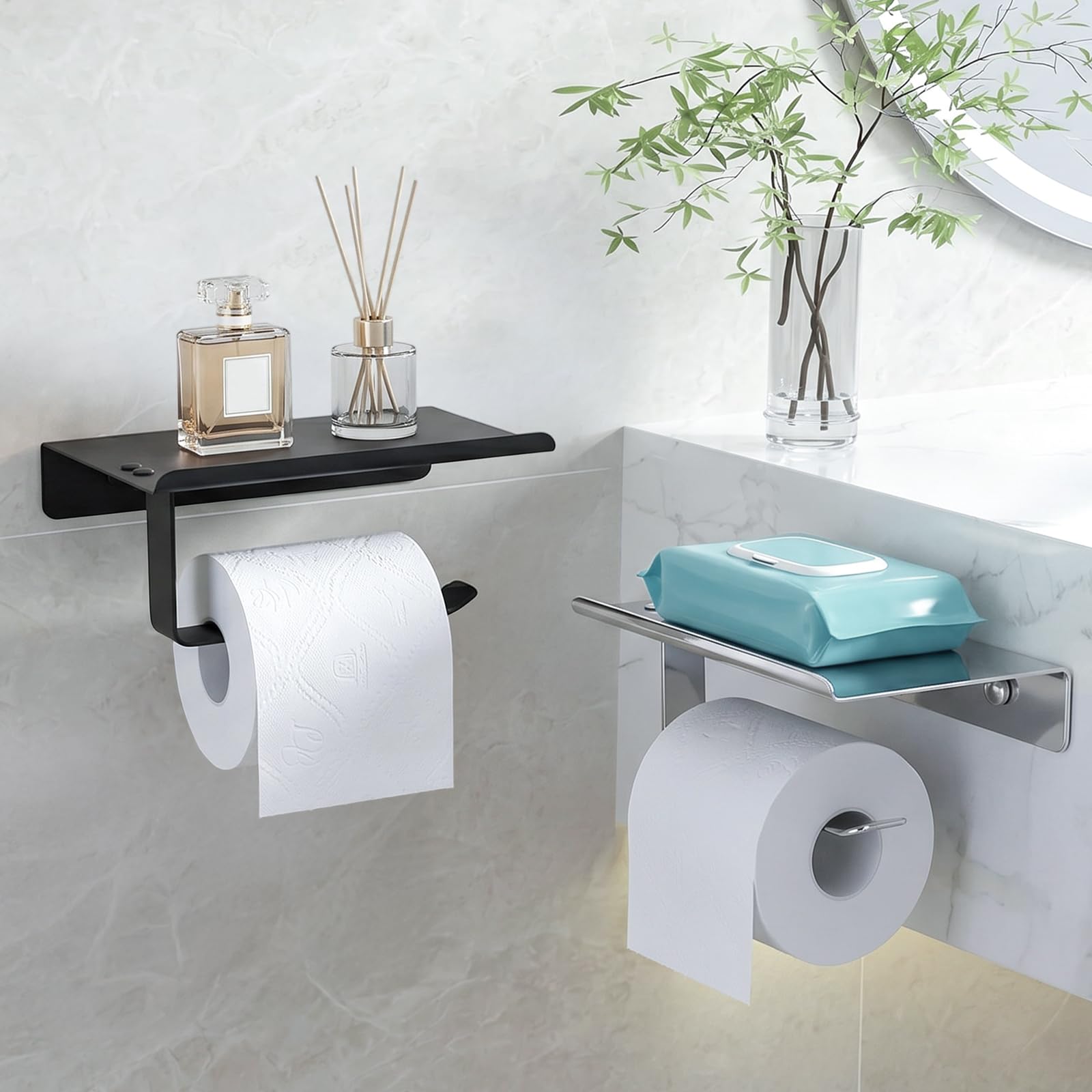 FALSKT Porta Carta Igienica con Porta Cellulare con 2PCS Ganci Adesivi Inox Installazione con Viti Porta Rotolo Carta Igienica da Parete Portarotolo Carta Igienica Argento per Carta WC Cromato
