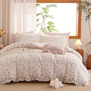 Lanqinglv Juego de ropa de cama con volantes 220x240 flores rosas, juego de ropa de cama reversible con hojas estéticas, ropa de cama ÖKO-TEX para alérgicos, funda nórdica romántica con cremallera y 2