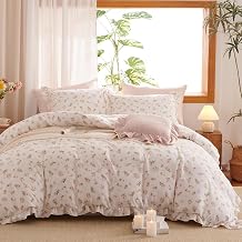 Twin Comforter Set Pink Floral - 2 Pieces Ruffle Pink Comforter Bedding Set, Farmhouse Bed in a Bag Twin with Ruffle Comforter & Pillowcase
