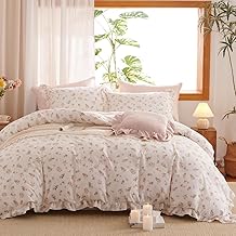 Lanqinglv Ruffle Bed Linen 135 x 200 cm Pink Flowers, Aesthetic Leaves Reversible Bedding Set, Oeko-Tex Bed Linen for Allergy Sufferers, Romantic Duvet Cover with Zip and Pillowcases 80 x 80 cm