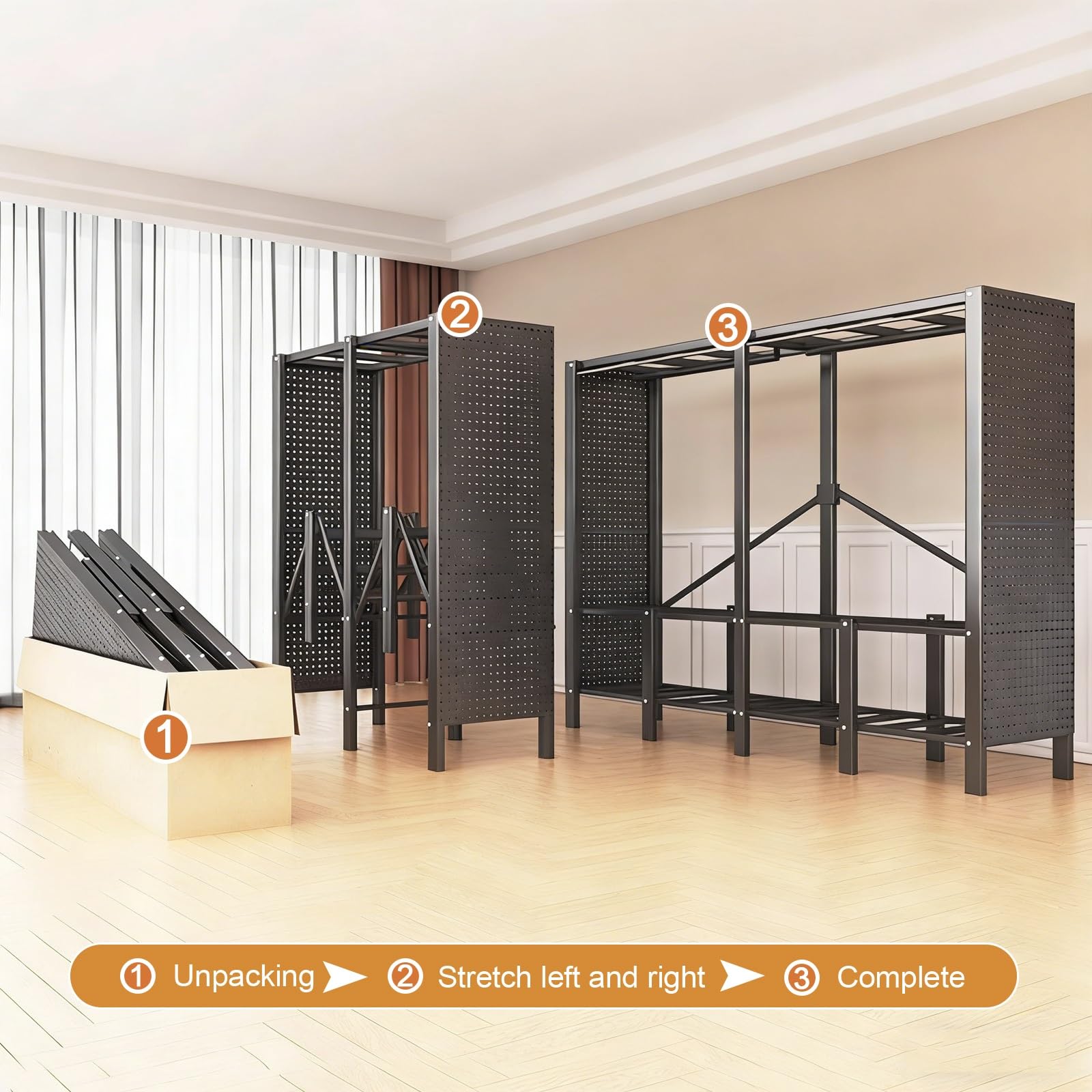 Faltschrank, Stoffkleiderschrank, Robuster Kleiderschrank mit Perforierten Paneelen, Freistehender Garderobenschrank, für Schlafzimmer(Black,130cm/51in)