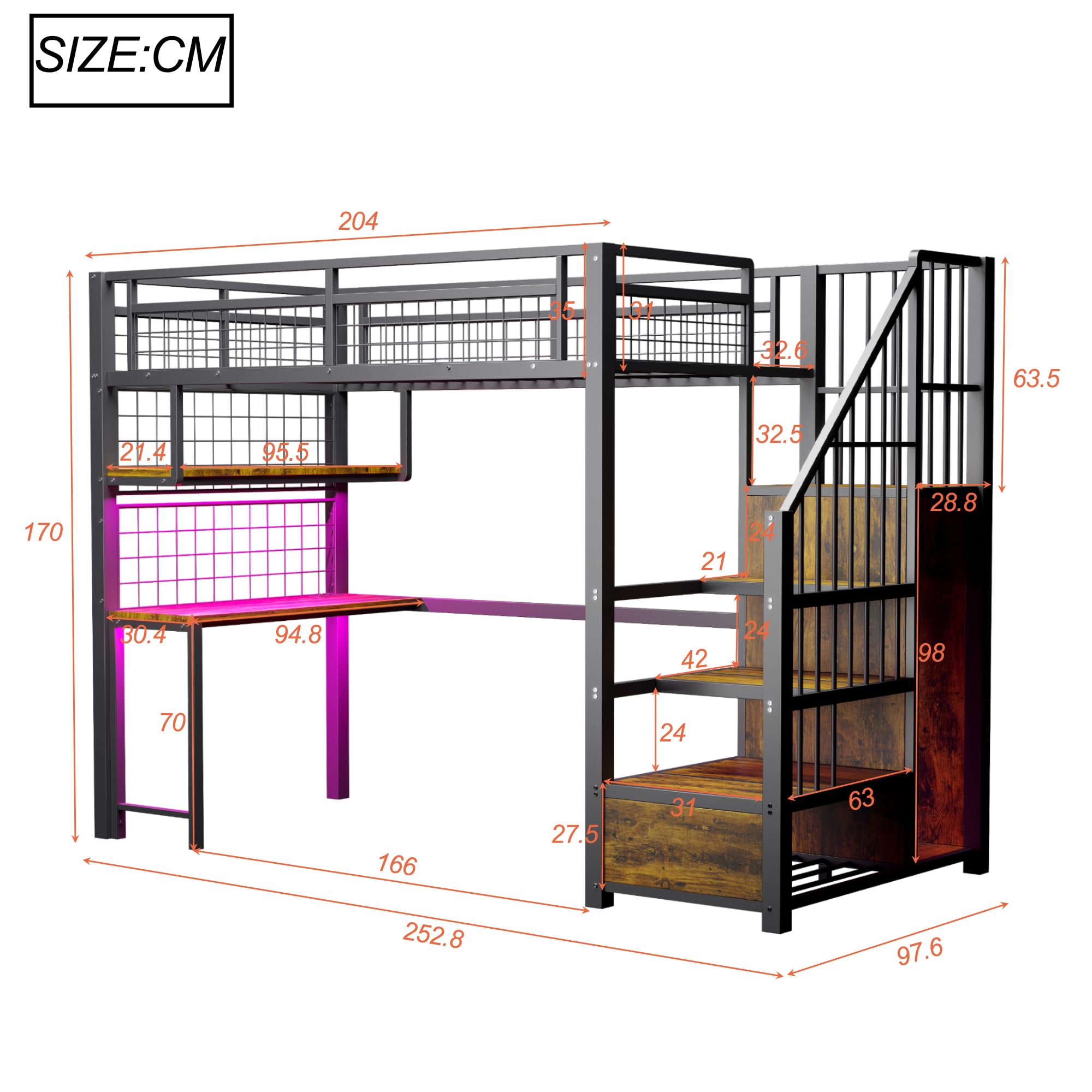 Metalowe łóżko piętrowe 90 x 200 cm, z listwą świetlną i gniazdem ładującym, drabinką do przechowywania i szafą na ubrania, biurko i regały, czarne