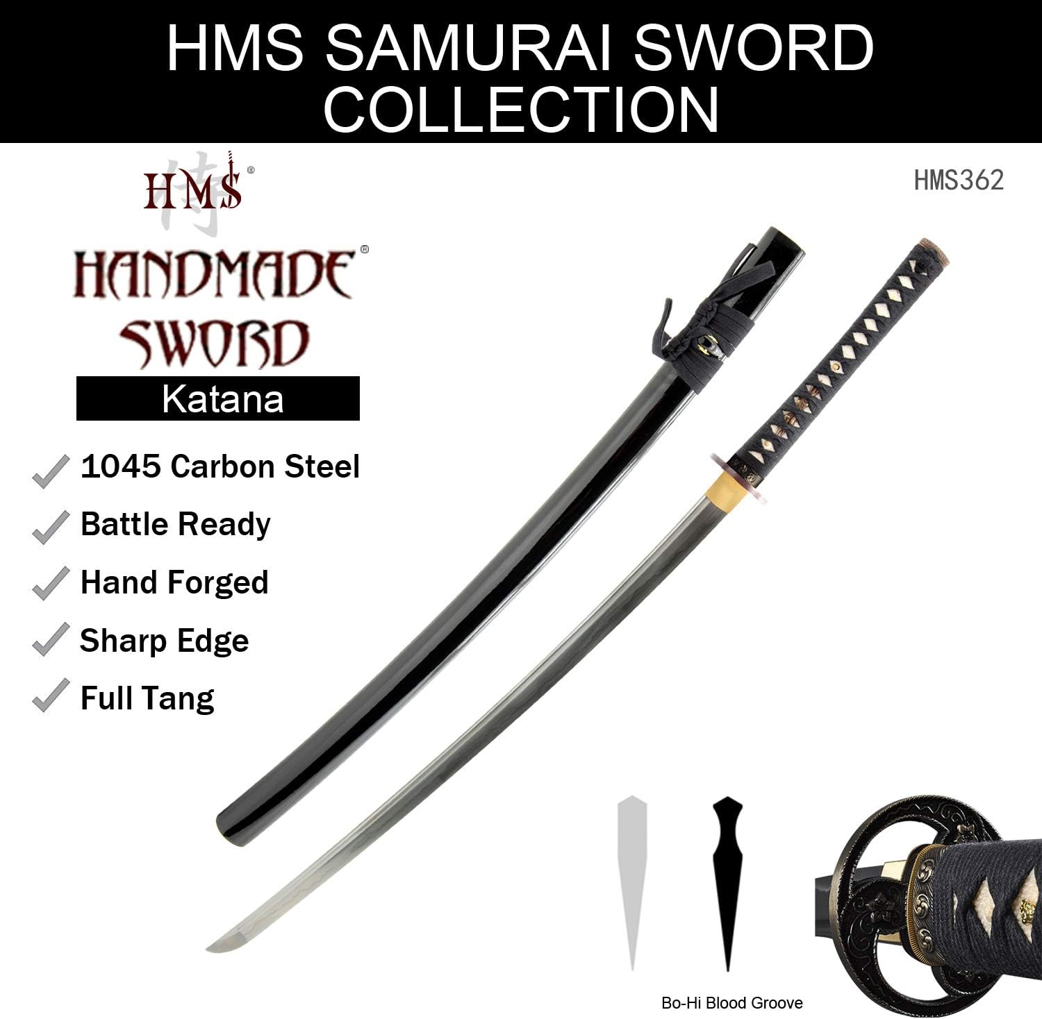 Handmade Sword - Japanese Samurai Katana Swords, Practical, Hand Forged, 1045 Carbon Steel, Heat Tempered, Full Tang, Sharp, Cherry Blossom Tomoe Crest Tsuba, Black Wooden Scabbard