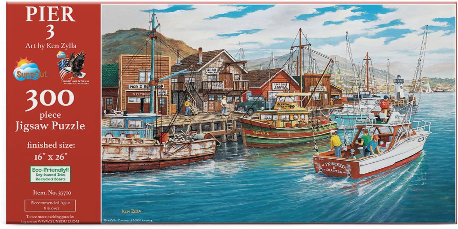SUNSOUT INC - Pier 3-300 pc Jigsaw Puzzle by Artist: Ken Zylla - Finished Size 16" x 26" Boat - MPN# 37710