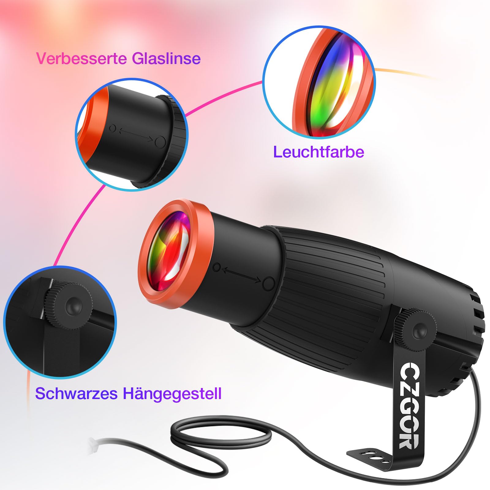 Pinspot LED Luce, Czgor 18W RGBW 4 in 1 Luci Spot con telecomando, Fuoco Manuale Palla Disco Spotlight, Super Luminoso con Colonna Guida Luce, Palcoscenico Illuminazione per Disco Party, 2 Pack