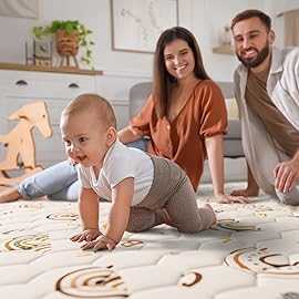 Boho Rainbow Baby Play Mat 50 X 50 Playpen Mat Thicken One-Piece Baby Crawling Mat Non-Slip Cushioned Baby Floor Mat with Lettters, Activity Playmats for Infants, Babies, Toddlers (50X50,Beige)