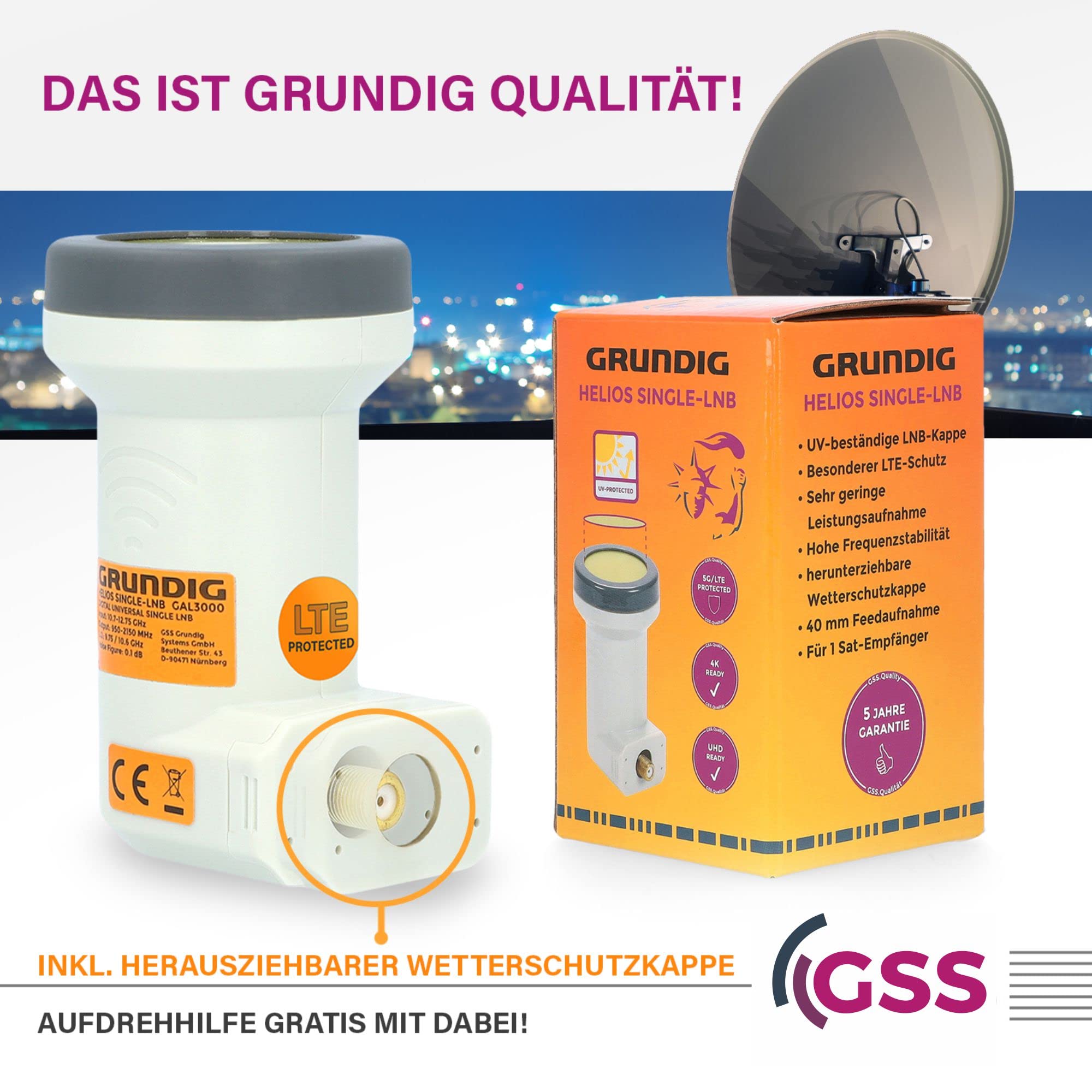 [ Test très bien, note 1.2 *] GSS Helios Single LNB avec blindage LTE et protection solaire UV, 1 compartiment HD, 4 K LMB pour 1 participant, (TV TV, récepteur satellite) LNC pour antenne parabolique