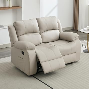 Manual Reclining Loveseat, Faux Leather Double Recliner, RV Loveseat Recliner with Side Pockets for Living Room, Home Theater, Cream