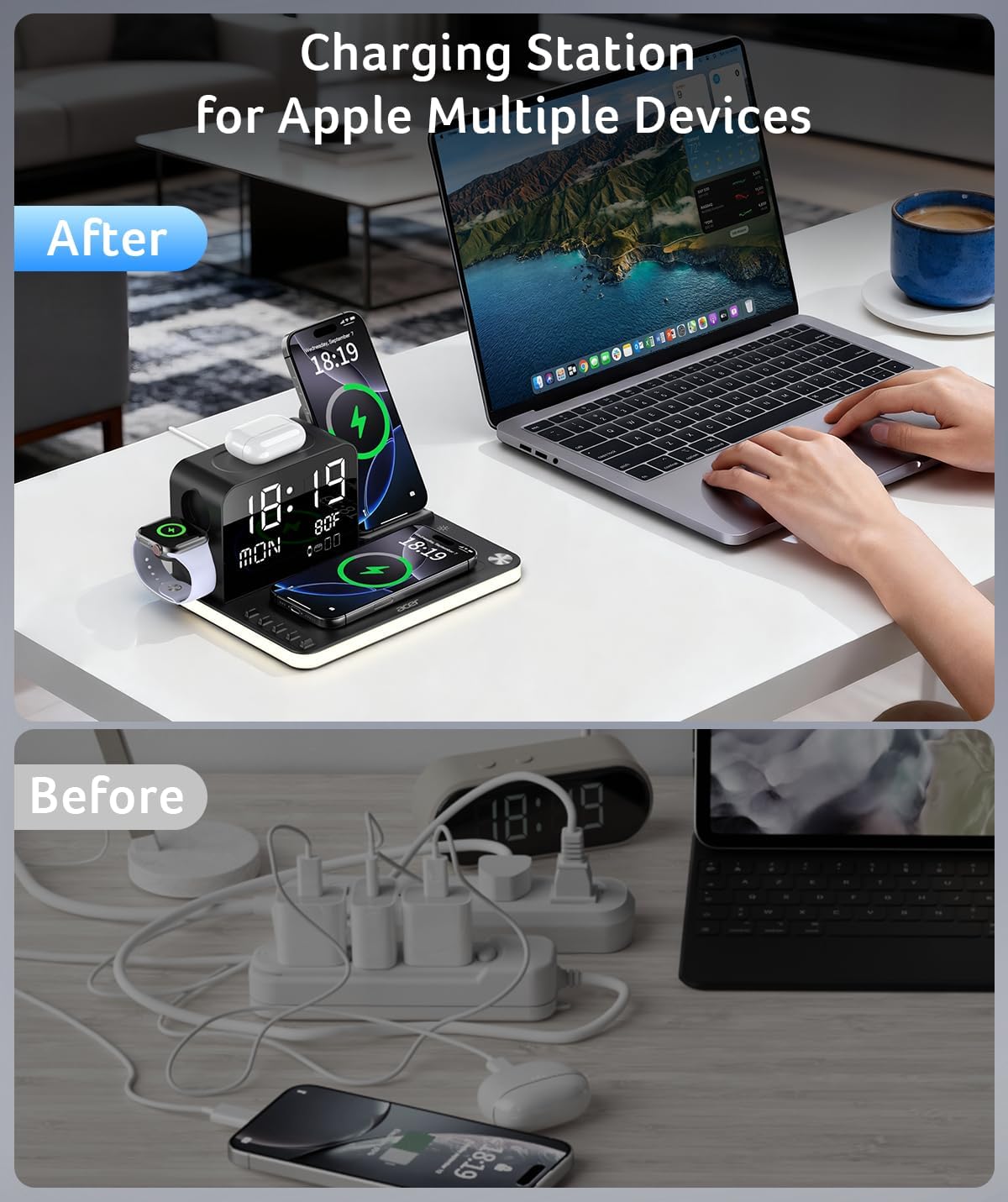 acer 7-in-1 Wireless Charging Station: Charger Stand for Multiple Devices for Apple - iPhone 16 15 14 13 12 Pro Max Apple Watch Airpods, Wireless Charger iPhone Charging Station with Bluetooth TimeSyn - Image 4