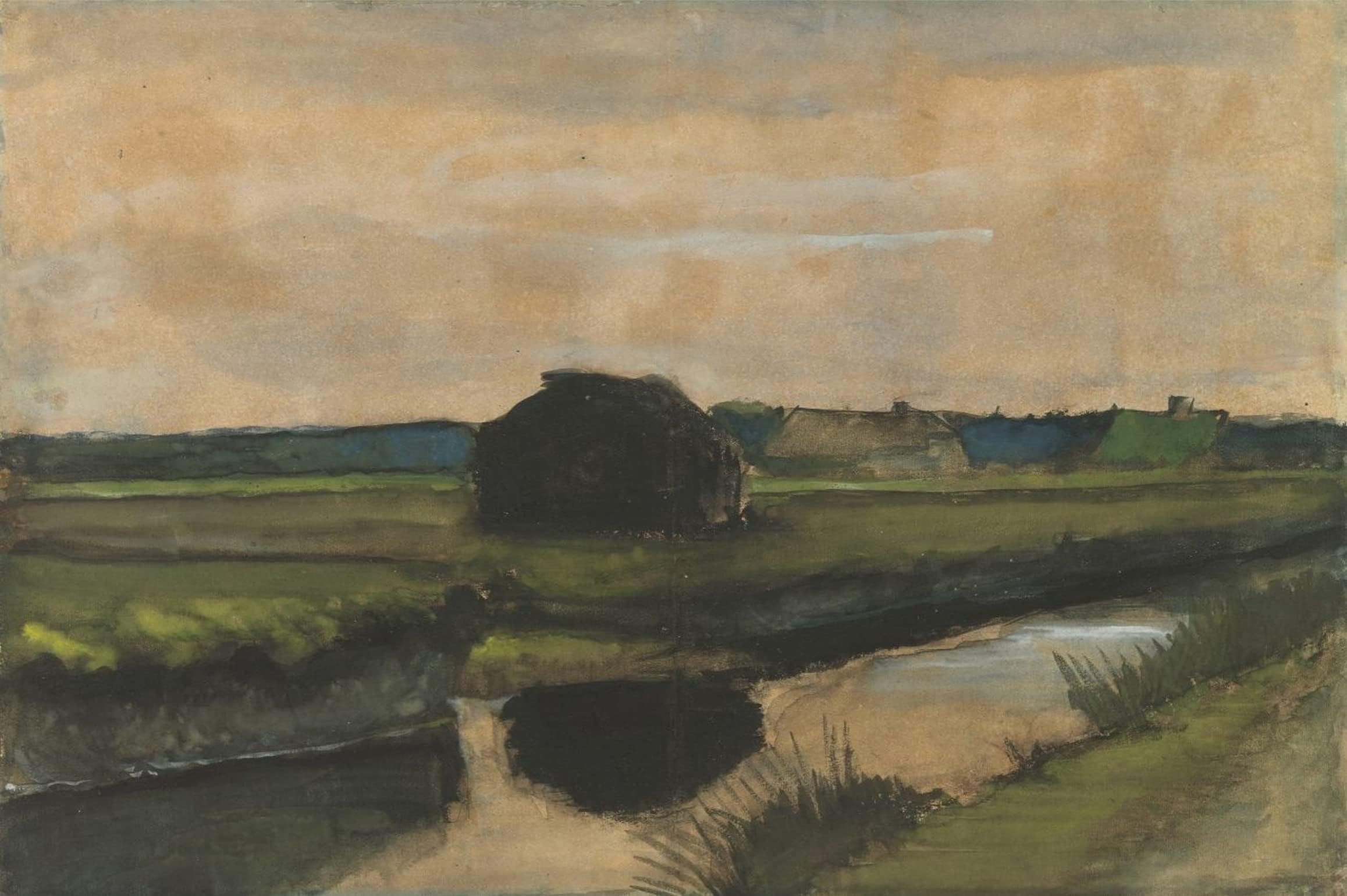 Decoratus� *Stack of Peat and Farmhouses* (1883)- A Famous Painting by Van Gogh, Wall D�cor Frame. Canvas print stretched on Pinewood Frame. Size 18"x14".
