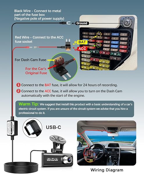 Range Tour Dash Cam Hardwire Kit, USB-C Port 4m Hard Wiring Kit for Car Cam Car Charger Power Cord 12V/24V to 5V 2.5A Charger Cable with 4 Power Adapters 3 Fuses for Dashcam - 3