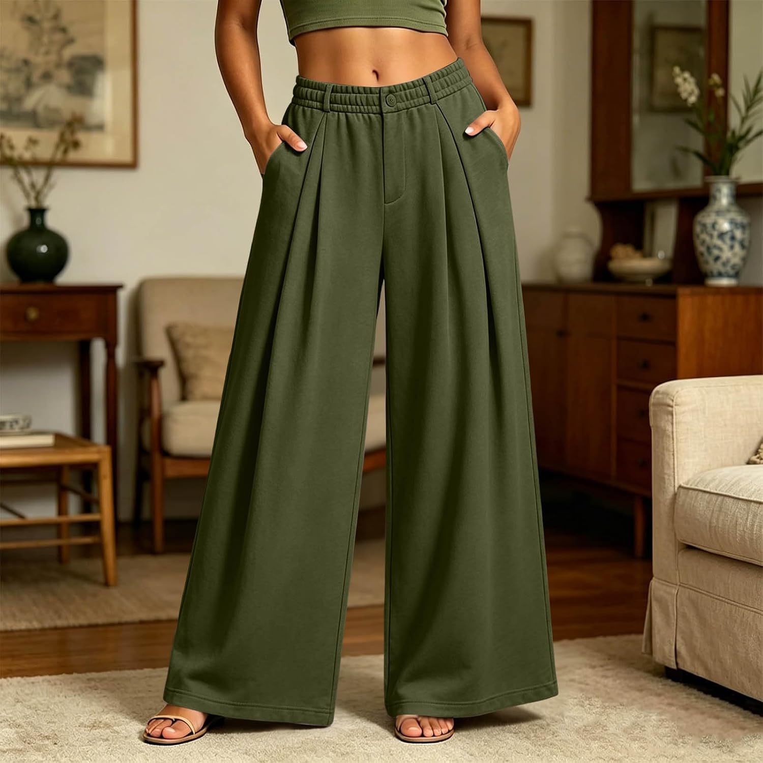 Wide Leg Sweatpants Women Casual Lounge Pants High Waist Baggy Joggers Pleated Loose Fit Trousers with Pockets
