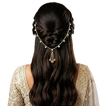 Gold Plated Korean Style Hair Vine for Women & Girls | Round Cubic Zirconia Stone Hair Chain with Hanging Charms | Premium Party & Occassion Trendy Hair Accessories