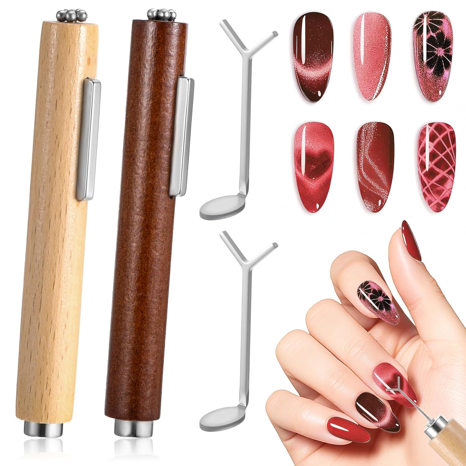 2Pcs 3 in 1 Nail Magnet with Heart Shaped Cat Eye Tool Multifunctional Cat Eye Gel Nail Polish Magnet Pen 3D Magnetic Nails Polish Stick Heart Nails Art Magnets Art Design Tool Home DIY Salon Studio