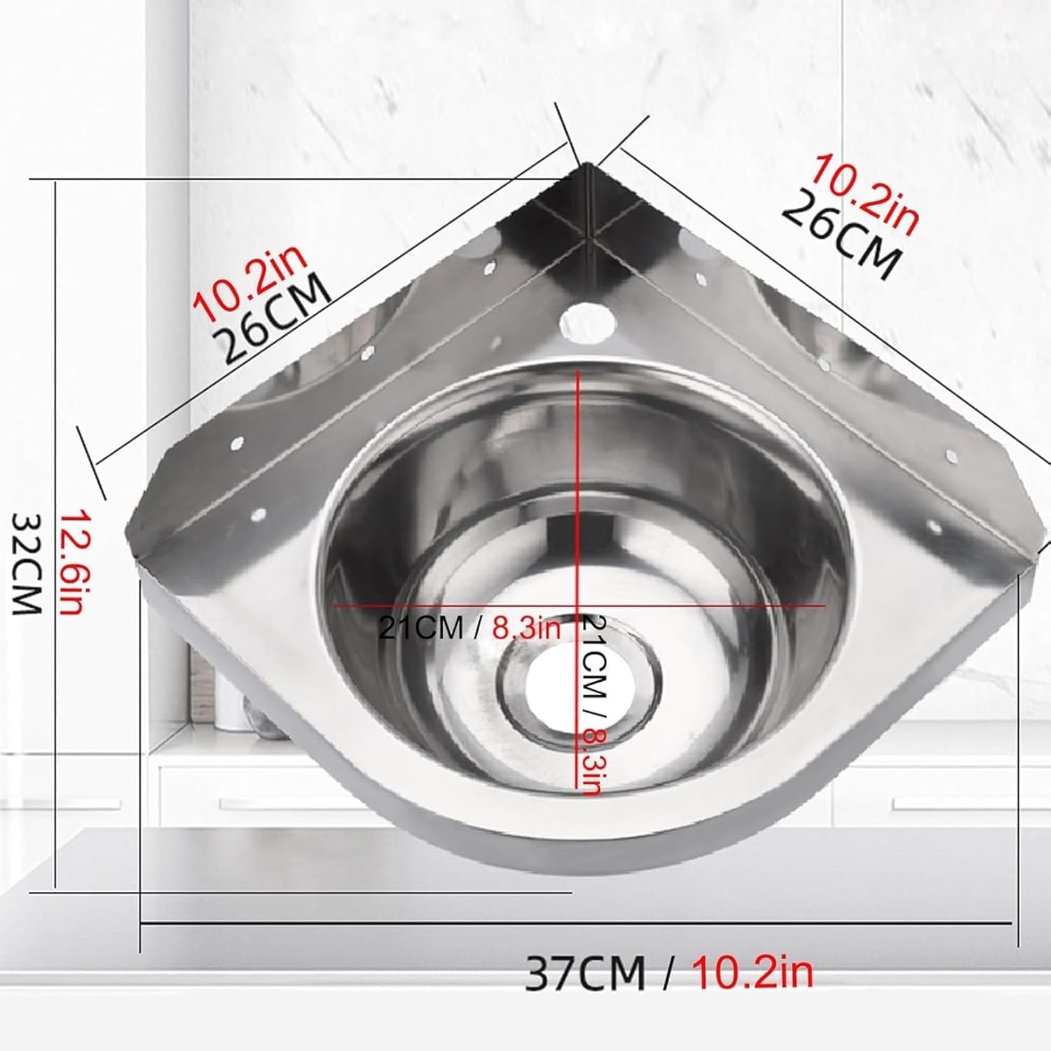 Triangular Stainless Steel Wall Mounted Sink, Corner Sink for Motorhome Caravan Boat Small Kitchen Basin,