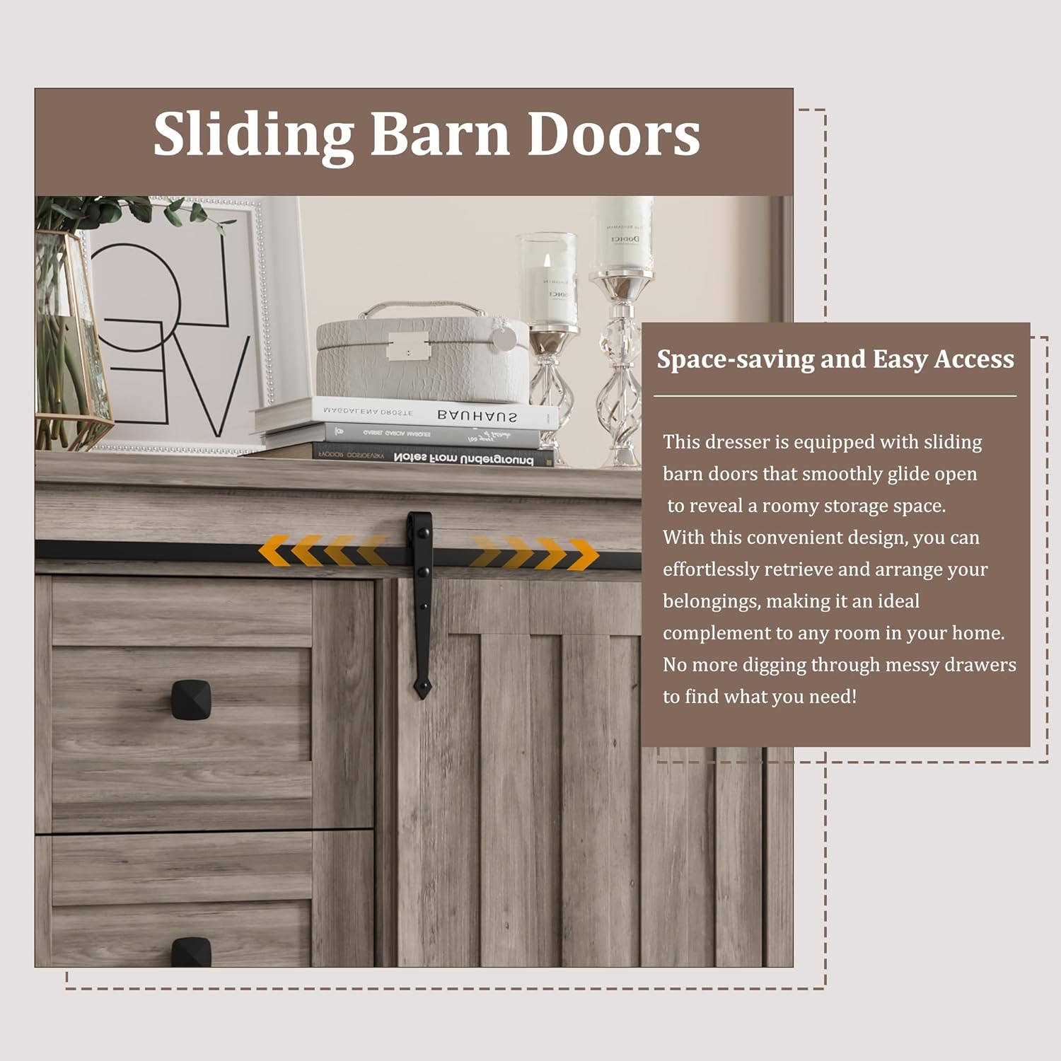 Close-up of the sliding barn door mechanism on the dresser