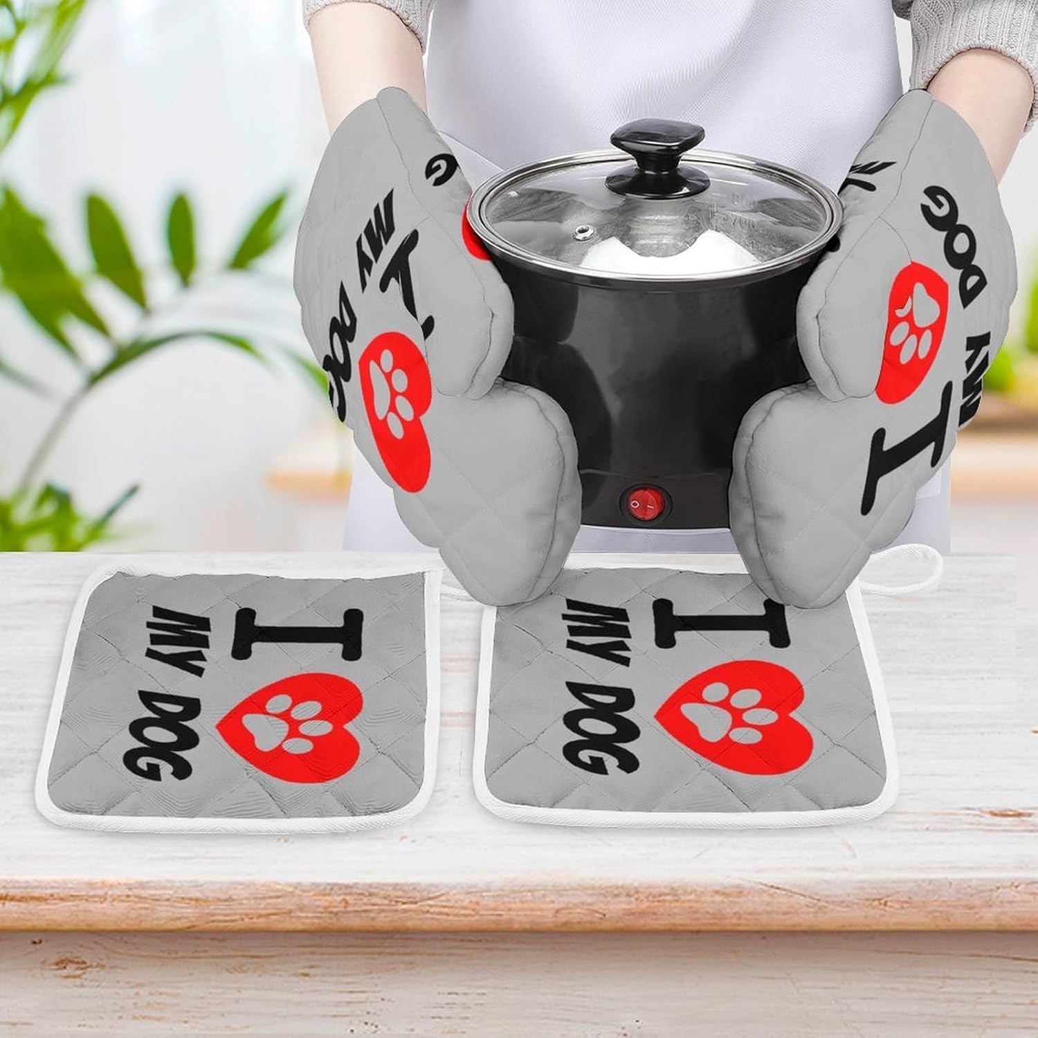 I Love Dog Paw Oven Mitts and Pot Holders 4Pcs Set Heat Resistant Cooking Mitts Hot Pads